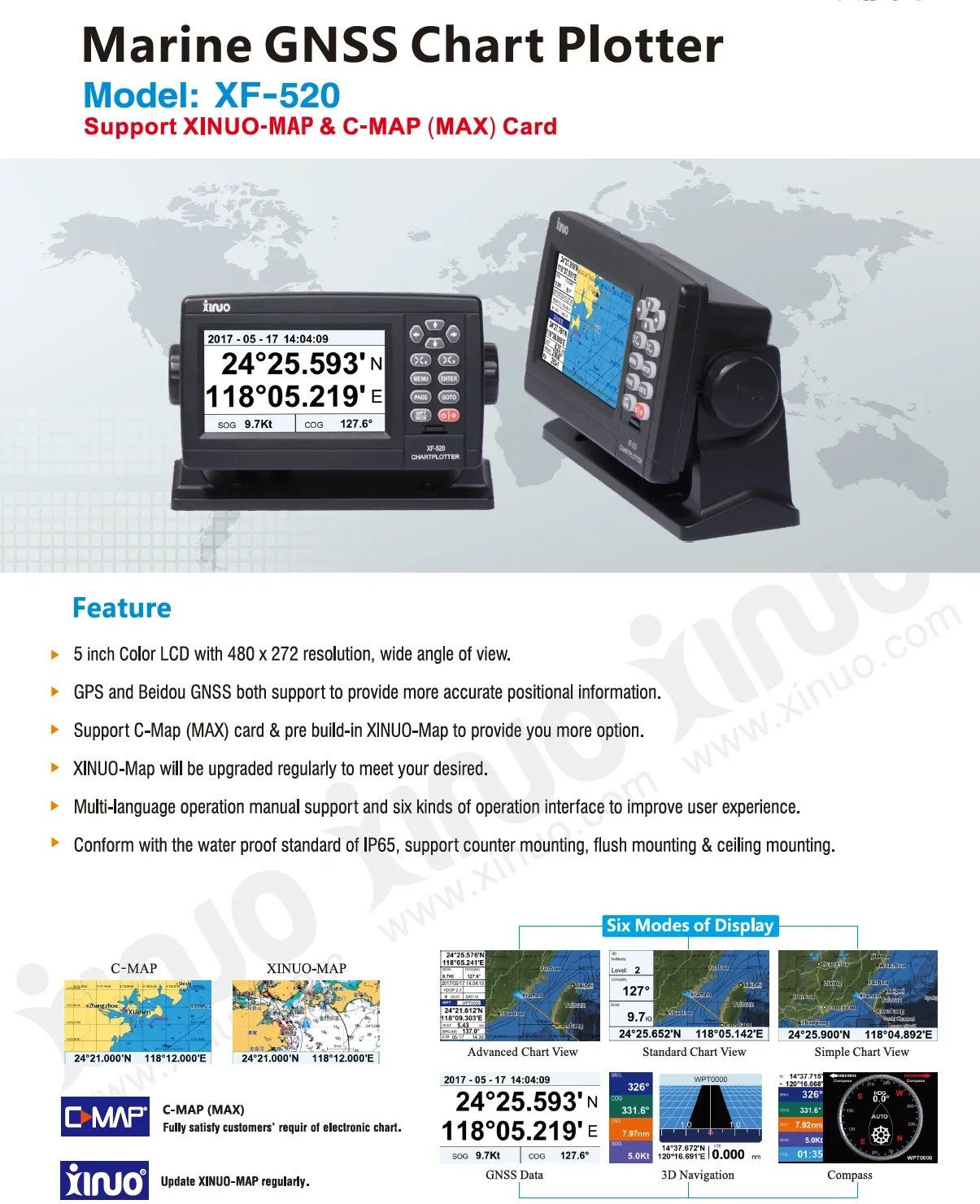 5'' Marine Satellite GPS Navigator Color LCD Display Positioning Boat Chart Plotter GPS Navigation with Antenna Xinuo XF-520