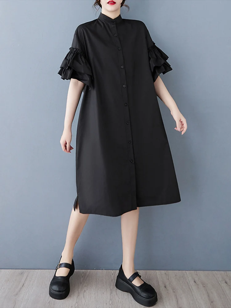 2025 Spring Summer New Green Vintage Shirt Dresses For Women Butterfly Sleeves Loose Casual Midi Dress Elegant Fashion Clothing