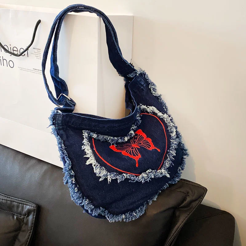 Denim Crossbody Bag Y2K Shoulder Bag Tassel Strap Red Butterfly Fashion  Trend Large Tote Handbag Harajuku Student Messenger Bag