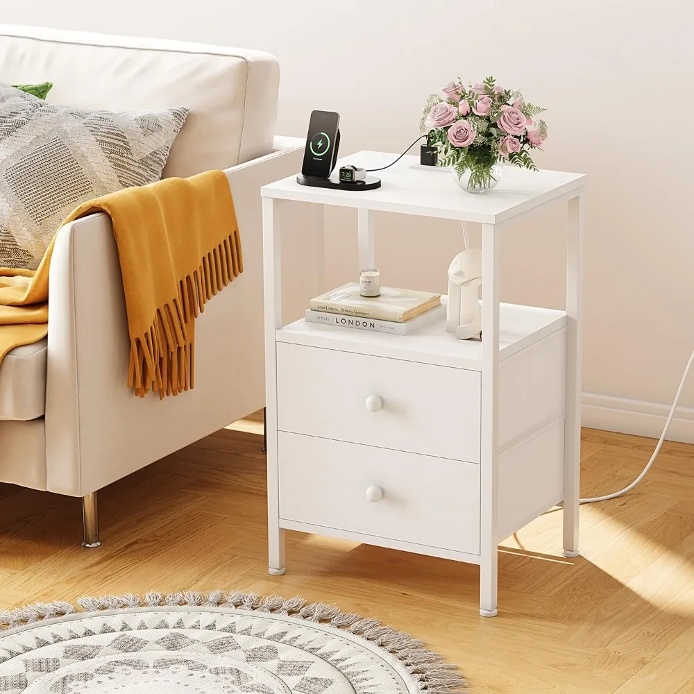 

Night Stand with Charging Station and USB Ports, Small Nightstand with Drawers and Shelf Storage End Table Modern Nightstands