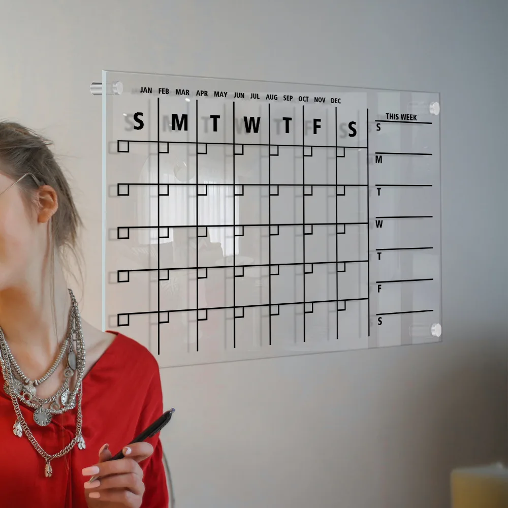 Classic Acrylic Calendar for Wall Oversize 24' X 18' Clear Home Office Glass Calander Dry Erase Board Large Reusable Whitebo