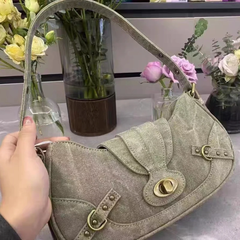 Y2K Green Rivet Canvas Shoulder Bag-Giltoria