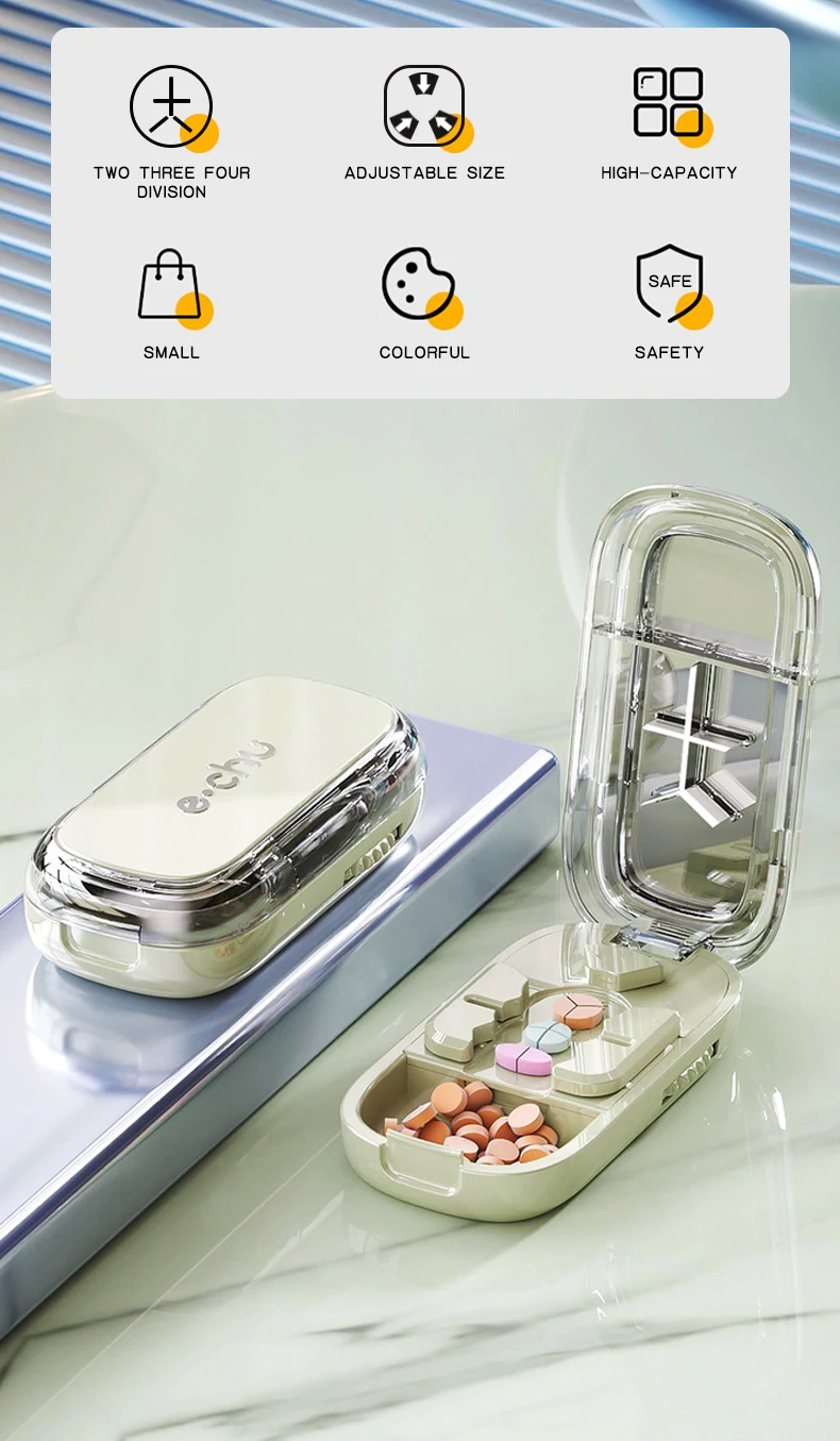 1/2 und 1/3 verstellbare Pillenschneider-Aufbewahrungsbox, tragbare Medikamententablette, Medizin, staubdicht, Trennwand, Organizer, Brecher, Pillenschneider – Detail 2