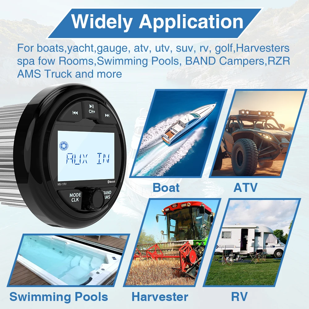 Boat radio player AKAMATE Marine Boat Radio Media Player MP3 Stereo Radio FM AM Receiver Waterproof Bluetooth AUX USB Widely for ATV UTV SPA RZR