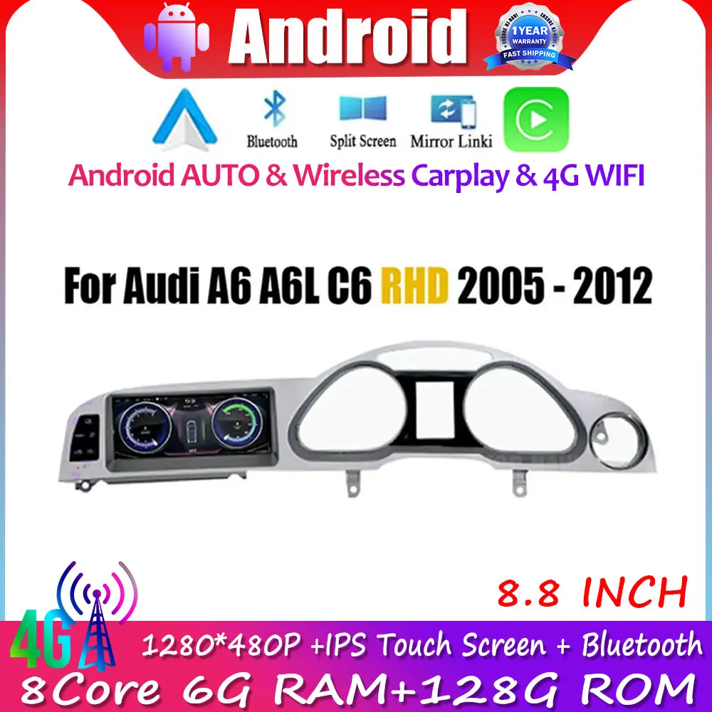 

RHD For Audi A6 A6L C6 2005 - 2012 Car Monitors 8.8 Inch Carplay Stereo Radio Android 14 GPS Navigation Multimedia Player 4G Lte