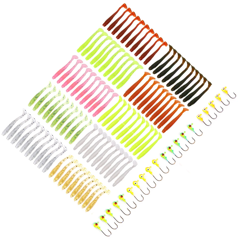 

120pcs Soft Fishing Lures and Hooks Set Plastic Grub Worm Wobblers Bait Fish Jigging Swimbait