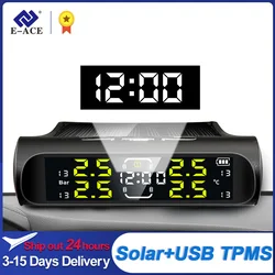 E-ACE K20 TPMS Car Tire Pressure Monitoring System Clock LCD Screen Display Solar Power Auto Tire Pressure Security Monitor