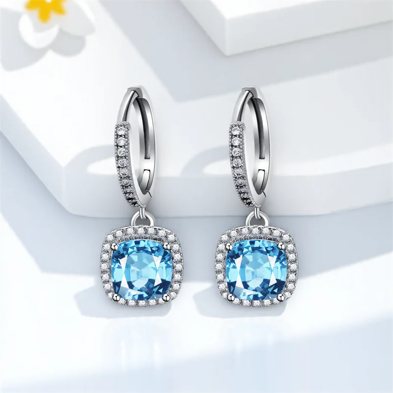 Female Luxury Crystal Aqua Blue Zircon Stone Earrings Cute Small Square Hoop Earrings For Women Silver Color Wedding Jewelry