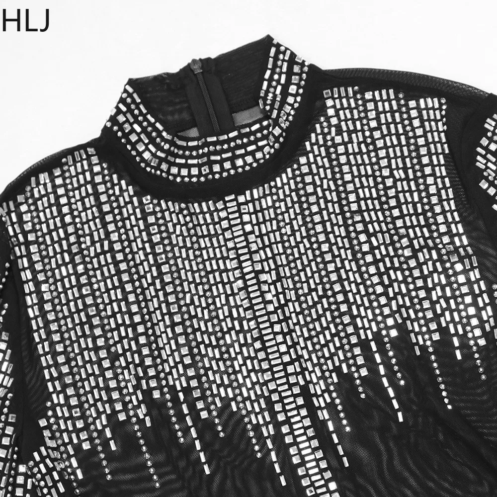 HLJ Black Fashion Mesh Perspective Rhinestones Nightclub Jumpsuits Women O Neck Long Sleeve Skinny Pants Playsuit Femlae Overall