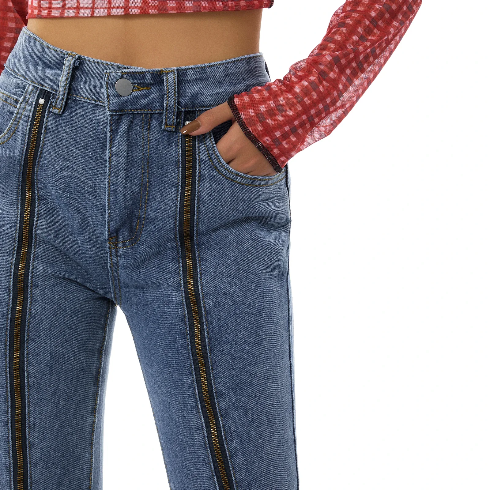 2024 Women New Clothing Pocket Button Denim Jeans Zipper Metal Split Hem Middle Waist Casual Party Street Loose Sliming Pants