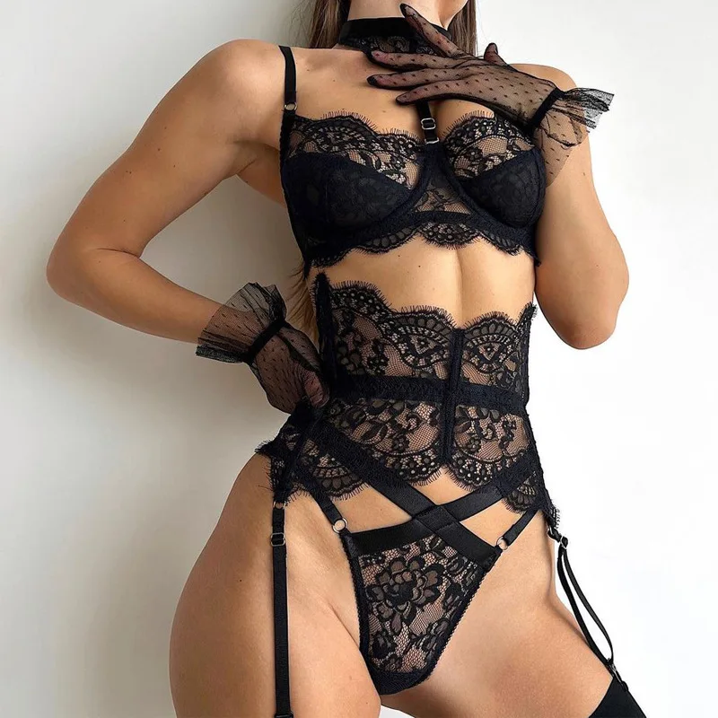 

Lace Splicing Hollow Body Shaping Suit See-through Hanging Neck Sexy Lingerie Halter Garter Bra & Briefs With High Waistband