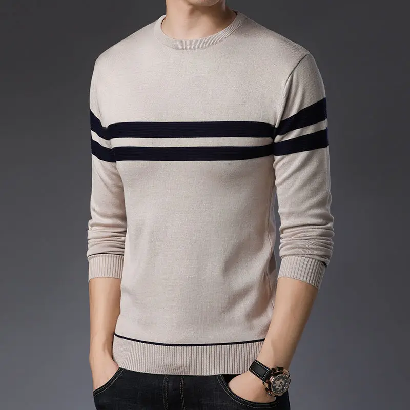 Fashion Men Basic Striped Sweater Spring Autumn New Korean Slim Long Sleeve Tops Male Clothes Casual Knitted Bottoming Pullovers