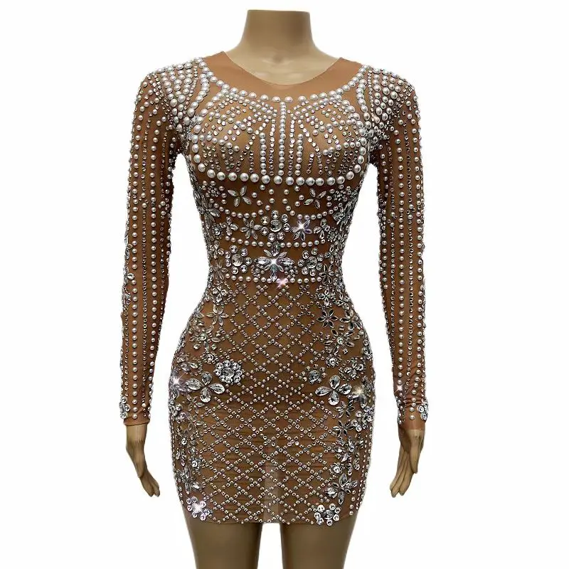 

Sexy Perspective Shining Rhinestones Pearl Short Dress Bar Singer Stage Performance Costume Women Birthday Celebrate Rave Outfit