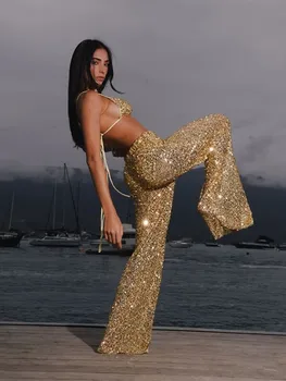 Sexy Women's Pant Set Gathered Deep-V Neck Backless Bikini Female Sequined Wide-Leg Long Pants Chic Fashion Beach Women's Suit 1