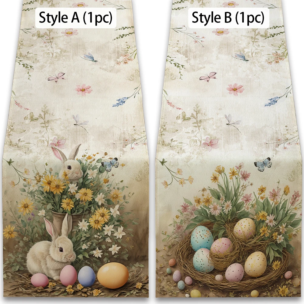 1pc Oil Painting Easter Table Runner Spring Oil Painting Watercolor Retro Bunny Egg Flower Tabletop Decor Party Cabinets Decor 2