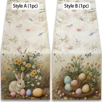 1pc Oil Painting Easter Table Runner Spring Oil Painting Watercolor Retro Bunny Egg Flower Tabletop Decor Party Cabinets Decor 2