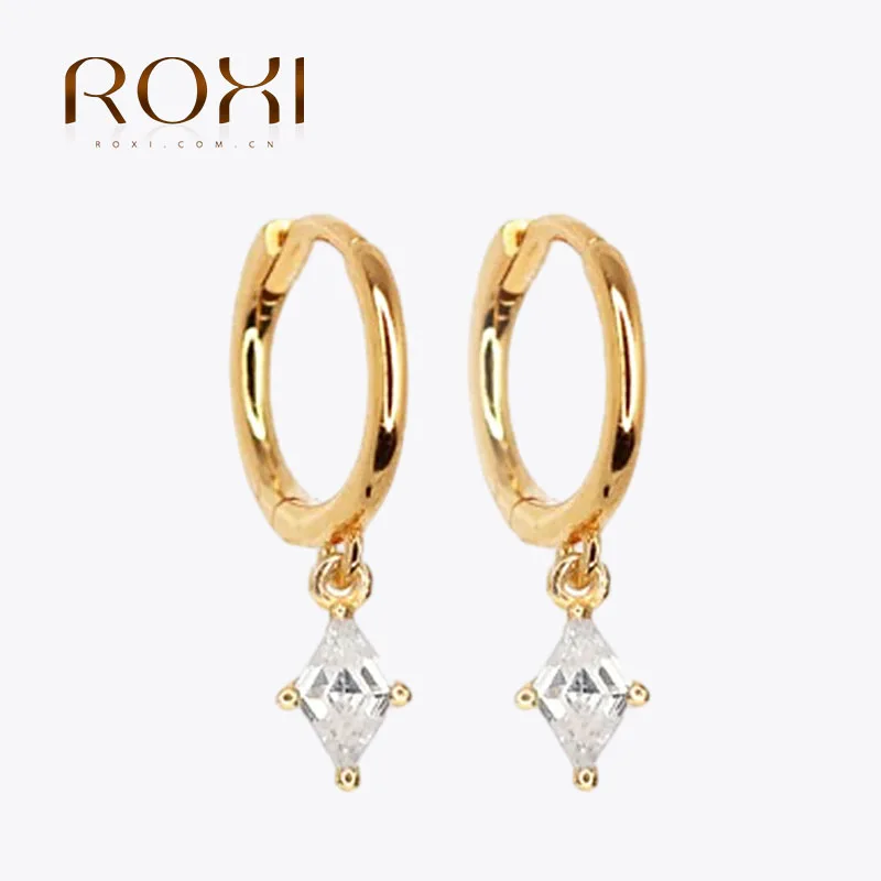 ROXI S925 Sterling Silver Hoop Earrings For Women Girl Minimalist Fashion Zircon Pendant Ear ring Gold Color Ear Buckle Jewelry