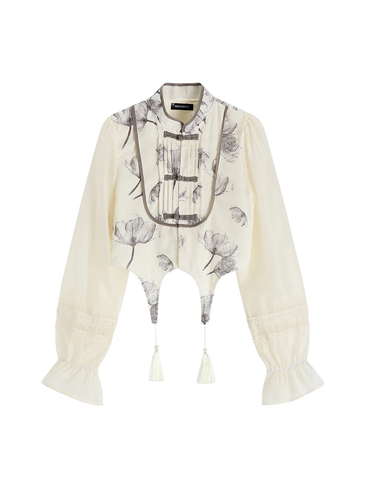 

Vintage Romantic Aesthetic Print Women Shirt Crew-neck Long Sleeve Pleated Female Blouses Irregular Hem Tassel Design Streetwear
