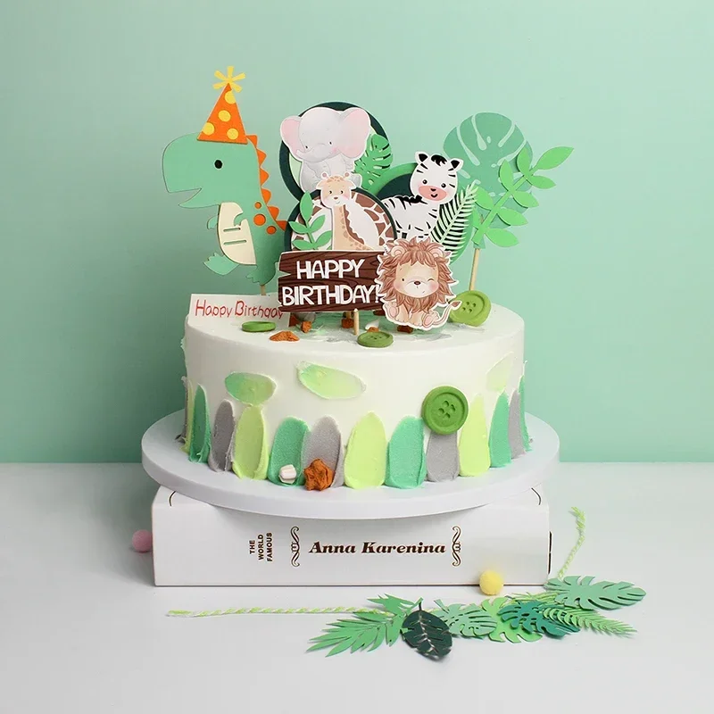 Wild Amimals Cake Topper Safari Jungle Animal Cake Flag Palm Leaves Boy Girl Birthday Party Decoration Kids Party Cake Decor