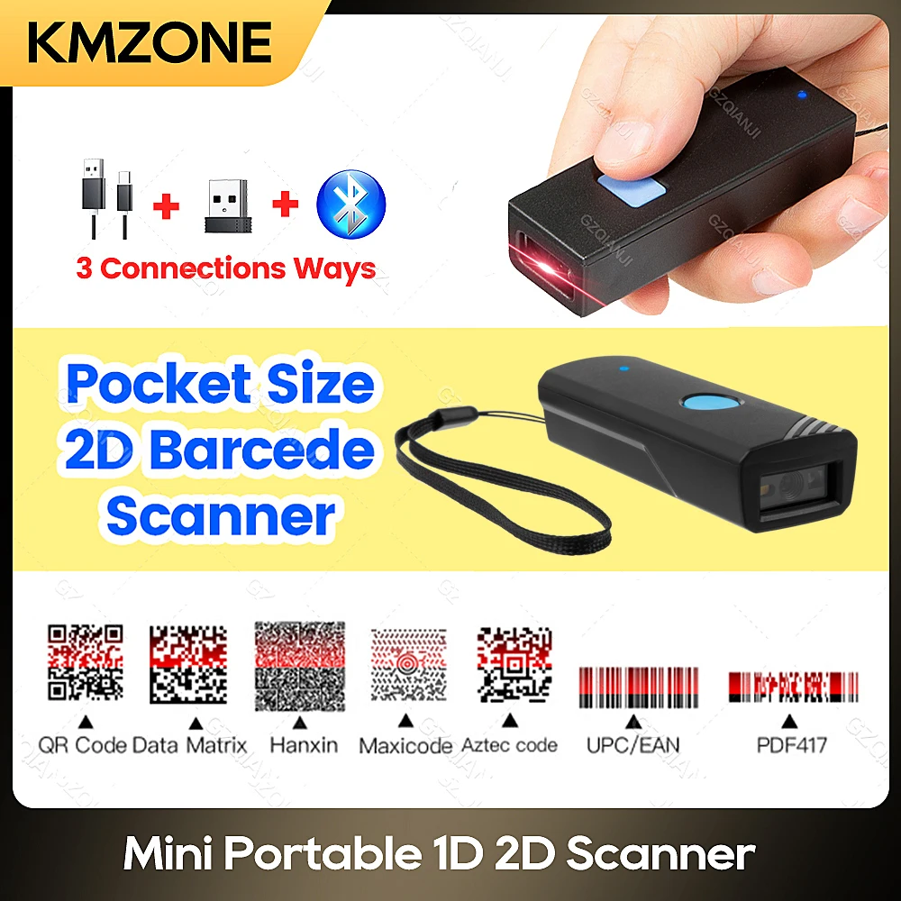 미니 휴대용 블루투스 바코드 스캐너, 무선 USB 유선 연결 QR 코드 리더, 휴대폰, 아이패드, 윈도우용, 1D 2D, 2.4GHz