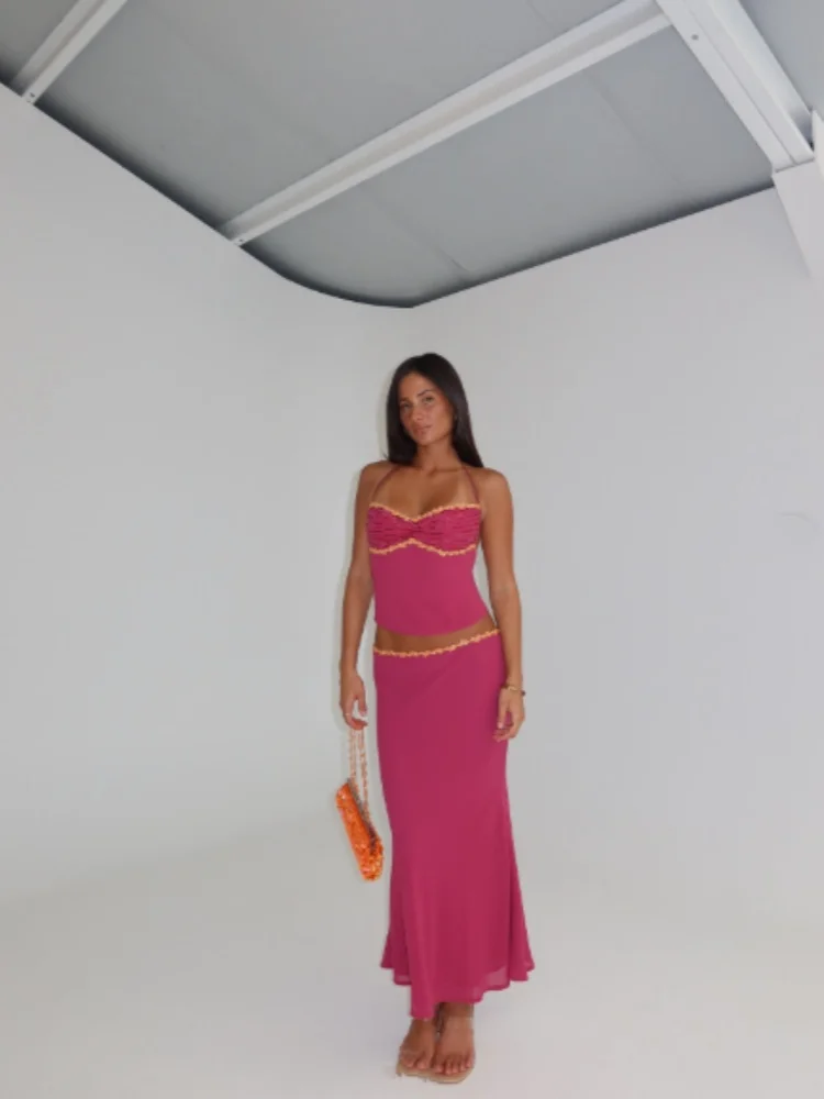 Women's Vintage Y2k 2 Piece Set Sequin Lace Trim Halter Crop Top Mermaid Maxi Skirt Lady Summer Sexy Bodycon Club Party Outfit 3