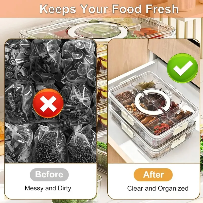 Split Type Transparent Salad Box with Lid, Containing 8 Separate Compartments, Fast Food Box, Fruit and Vegetable Storage Box