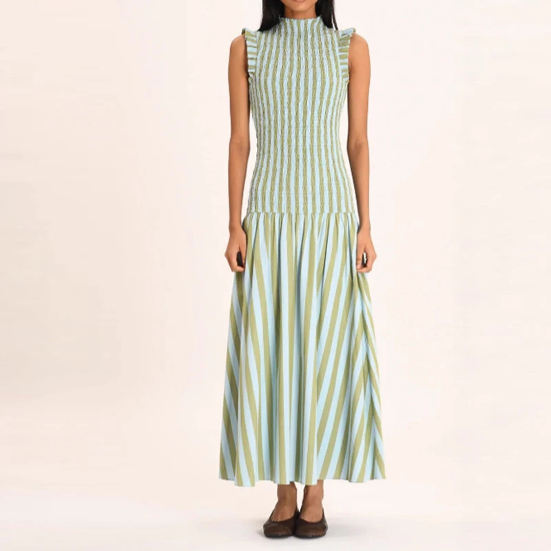 Fashion Half High Collar Vacation Long Dress Casual Sleeveless Draped Bohemian Dress Elegant Hight Waist Slim Swing Party Dress 3