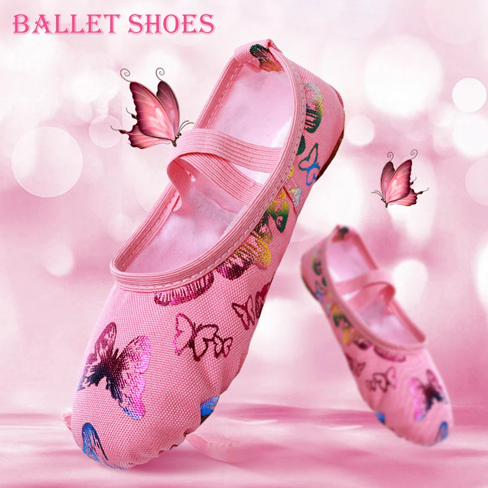 Girls Ballet Shoes Canvas Butterfly Knots Soft Sole Ballet Dance