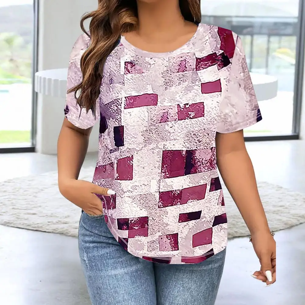 

Women T-shirt Stylish Women's Summer Shirt Collection O-neck Loose Fit Blouse Square Printing Casual Tee Lightweight for Work