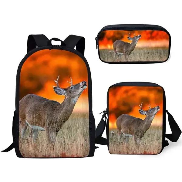 Harajuku Popular Flower Deer 3D Print School Bags, mochila para laptop, mochila, Inclinado Bolsa de Ombro, Lápis Case, 3pcs por