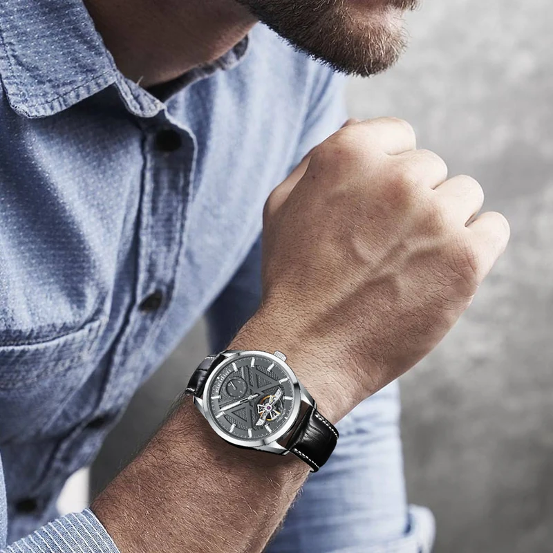 Mechanical Watch Men Business Leather Strap Waterproof Luminous Seagull ST25 Flywheel