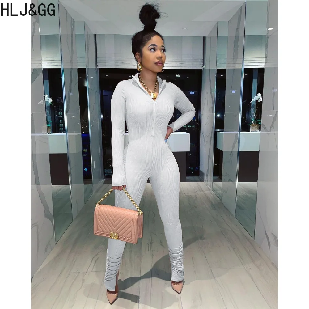 HLJ&GG Autumn Casual Solid Zipper Bodycon Jumpsuits Women V Neck Long Sleeve Stacked Pants One Piece Playsuits Female Overalls
