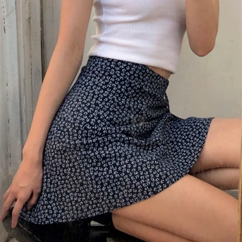 Retro Floral One-piece Lace-up Mini Skirt Vintage Irregular Slit High Waist Sexy A-line Short Skirt Summer Women Clothing 2023