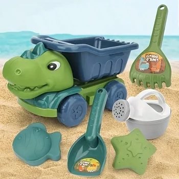 1set Engineering Vehicle Sand Beach Toy Set & Dinosaur Sand Car Toy Set Suitable For 3-6 Years Old Children 1