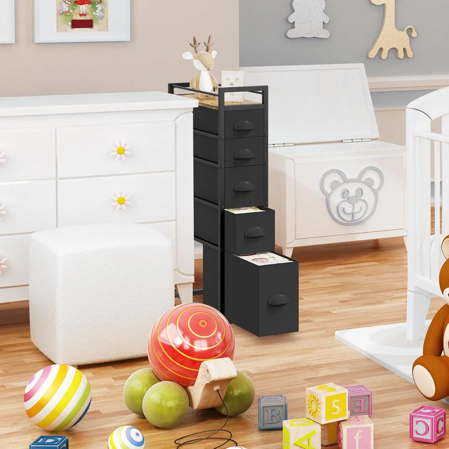 LASZOLA 5 Drawer Narrow Dresser Slim Cabinet Skinny Storage Tower Chest, Ideal for Small Spaces Bathroom Bedroom, Between Washer 2