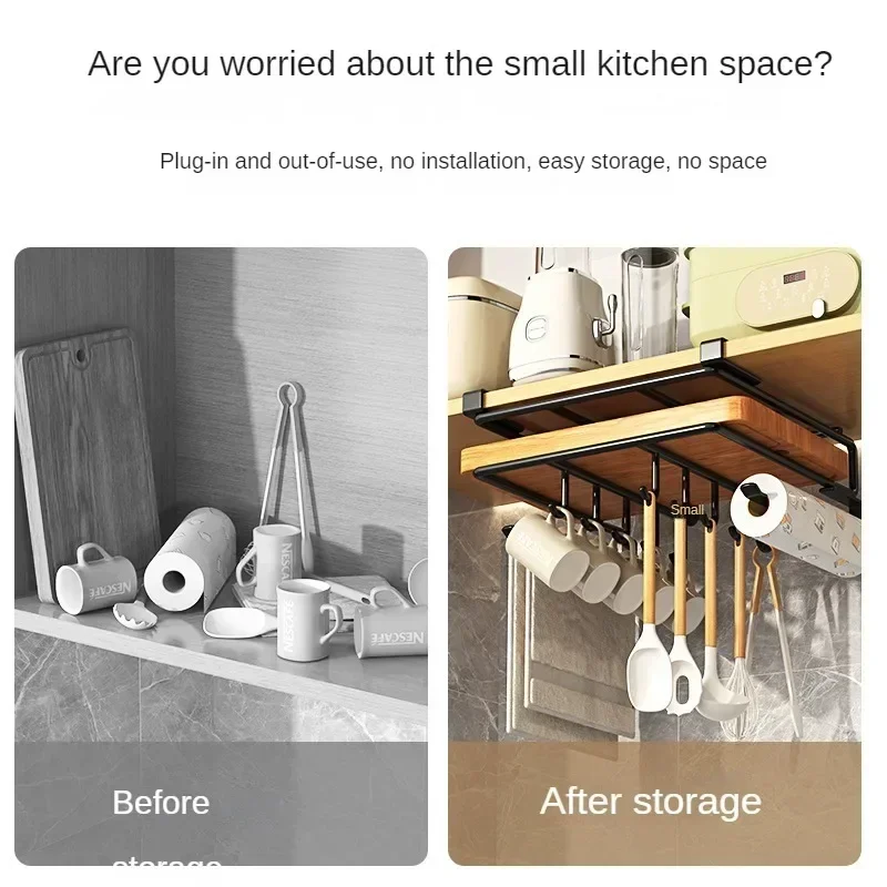 Kitchen Hanging Organizer Rack with Hooks Under Cupboard Paper Towel Rags Hanger Cutting Board Pot Cover Holder Storage Shelf 5