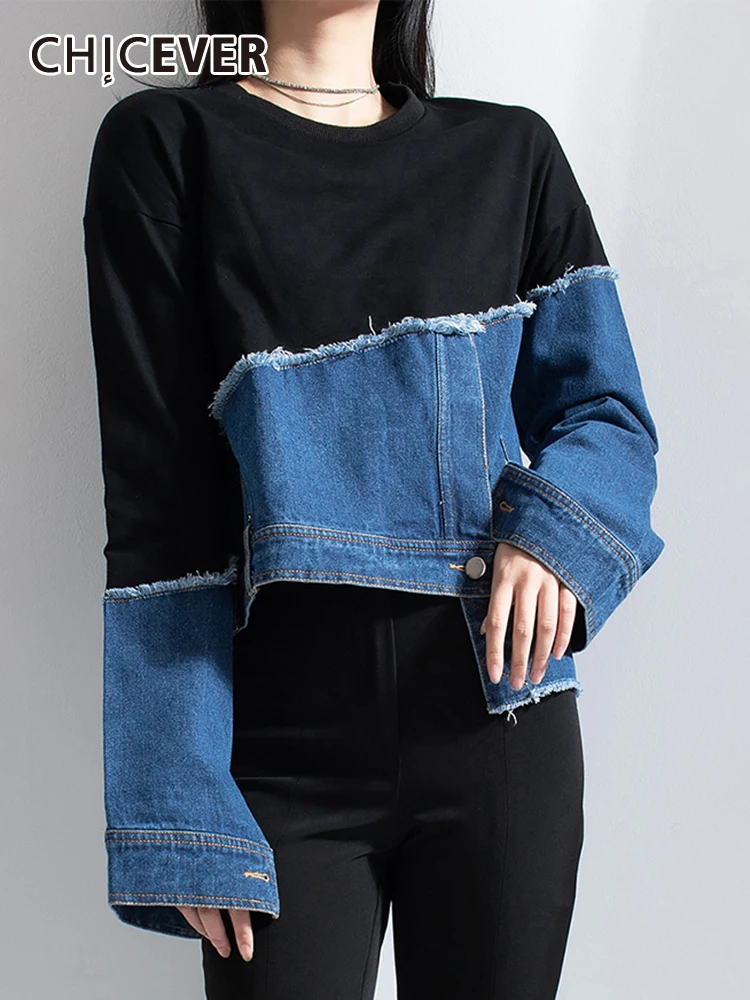 

CHICEVER Spliced Denim Sweatshirts For Women Round Neck Long Sleeve Hit Color Fashion Loose Sweatshirt Female Autumn Clothing