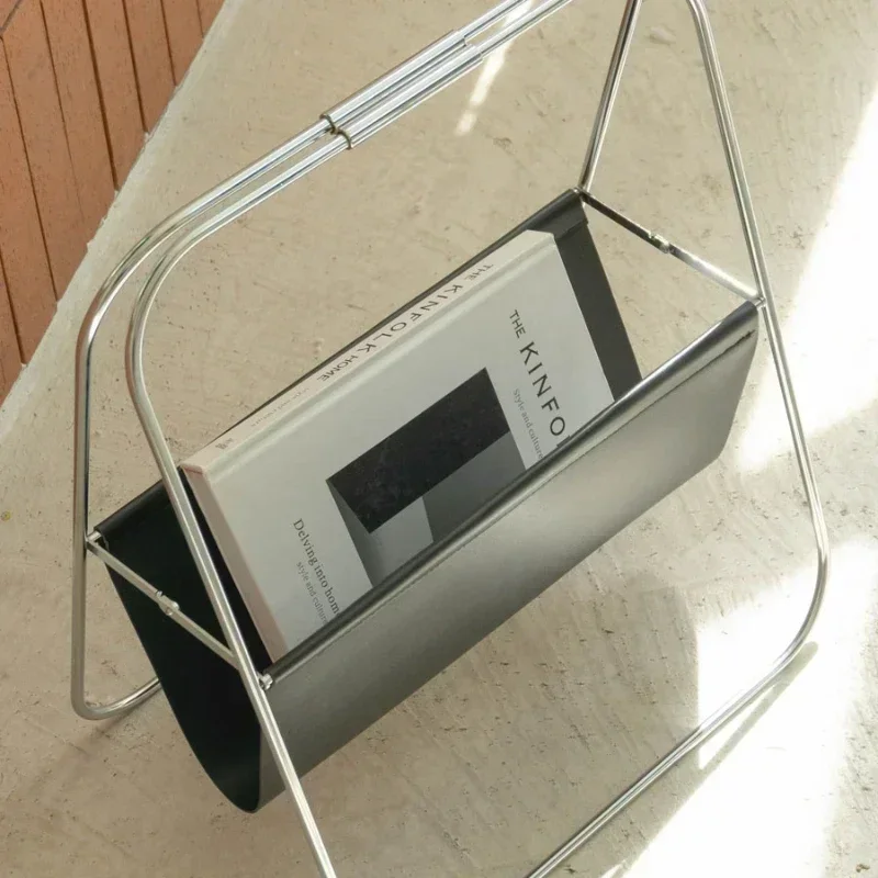 Vintage Light Luxury Leather Magazine Shelf Stainless Steel Foldable Bookcase MidCentury Design Living Room Storage
