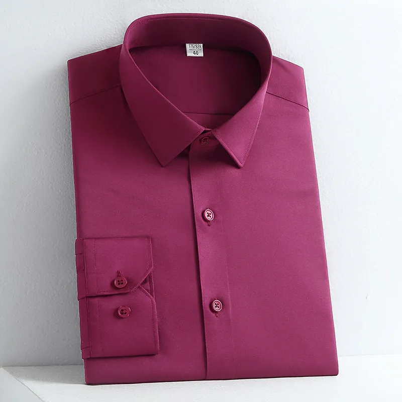 Formal Men Shirt Long Sleeve Elastic Solid Casual Designer Smart Shirts Stretch Solid Slim Fit Camisas Social Purple Male Blouse dress shirts,men casual shirts