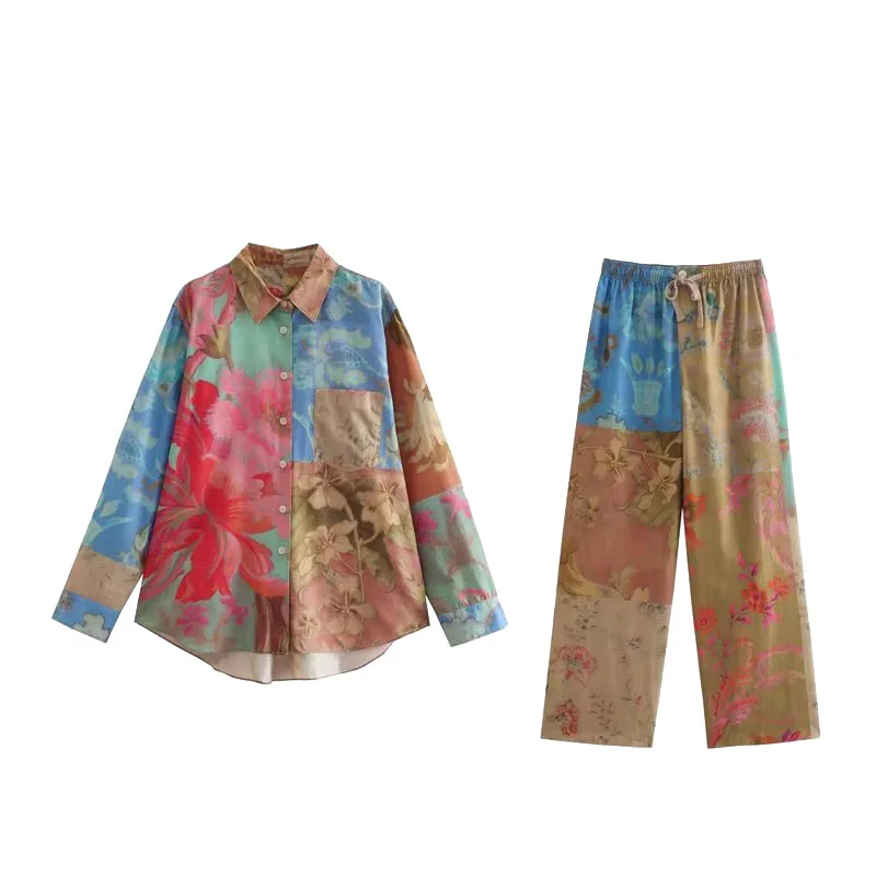 

Women Casual Printed 2pcs Set Long Sleeve Shirt Blouse Top Loose Long Pants Lady Summer Spring Outfits Streetwear Suit 2024 NEW