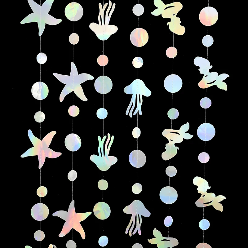 Birthday Banner Iridescent Mermaid Girl Mermaid Party Starfish Jellyfish Hanging Garland for Under The Sea Birthday Baby Shower DIY Decor