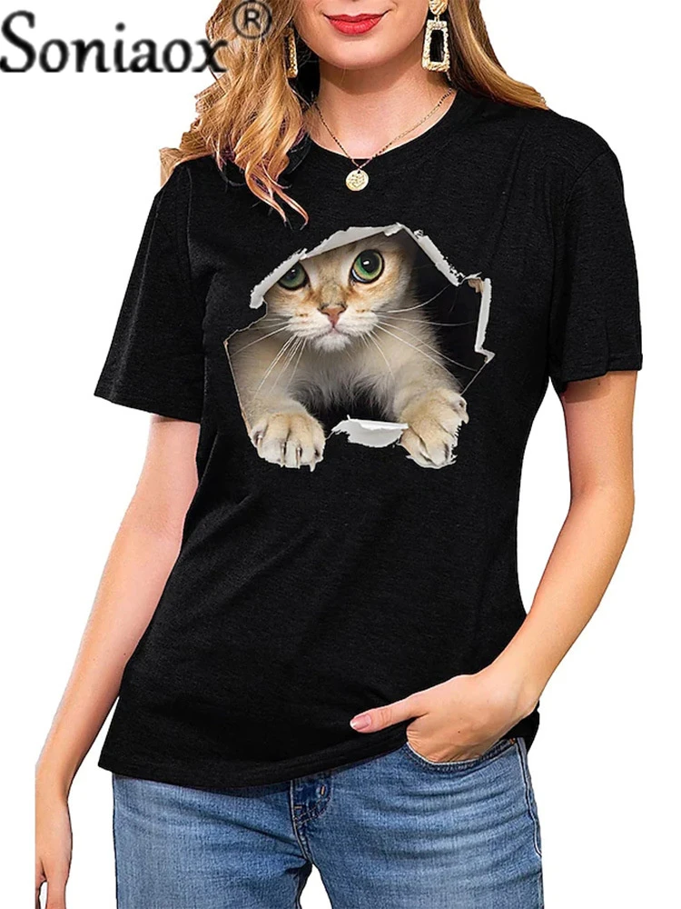 

2022 Cat Print T Shirt Women O Neck Short Sleeve Loose Casual Streetwear Plus Size Top