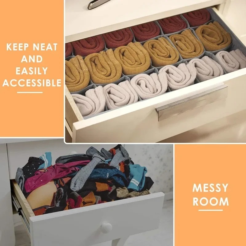 1/2/3 Pack Gray Sock Underwear Organizer Dividers 16/24/64 Cell Fabric Foldable Closet Organizers Storage Boxes for Storing Sock 2
