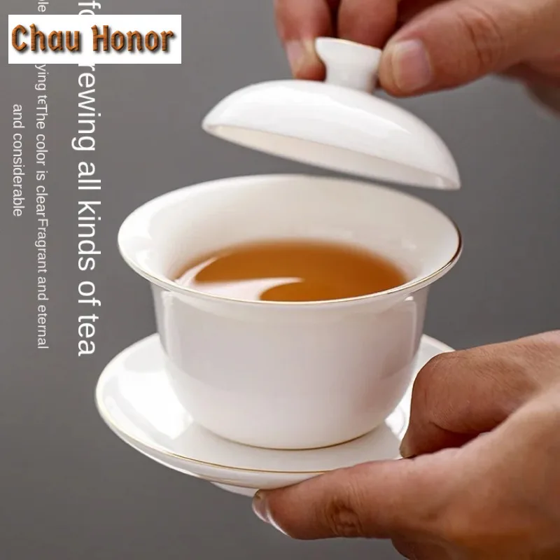 175ml White Porcelain Painted Gold Covered Bowl Handmade Ceramic Tea Cup Large Tea Making Sancai Covered Bowl Kung Fu Tea Bowl