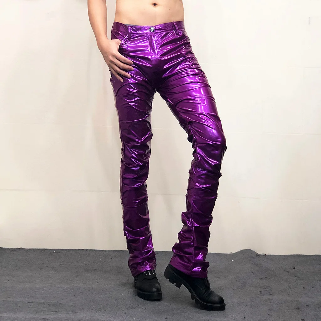 

S-6XL Men Pleated Trumpet Slim Leather Pants Elastic Reflective PU Trousers Bar Nightclub Male Singer Dancer Stage Show Costume
