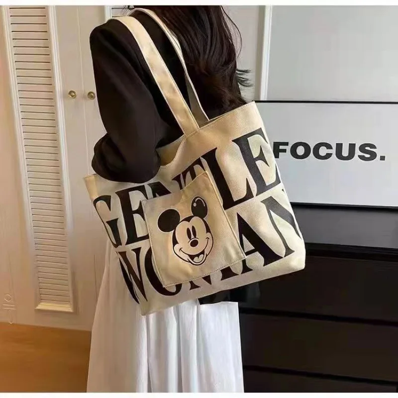 Disney Large Capacity Tote Bag for Women Kawaii Mickey Mouse Letter Canvas Shoulder Bag Girls Cartoon Minnie Mouse Handbags