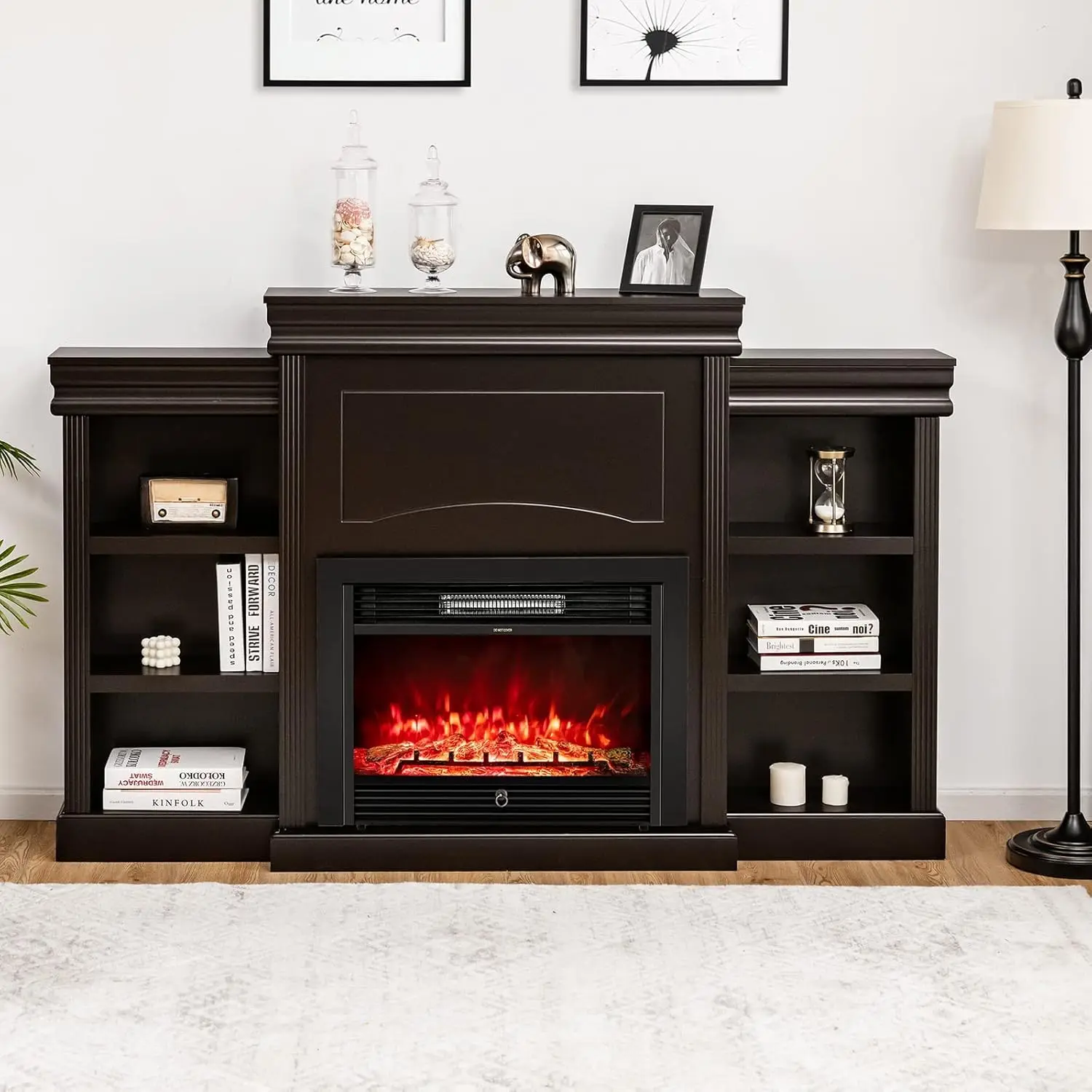 70" Mantel Fireplace TV Stand 750W/1500W Electric Fireplace Heater Insert Cabinet w/Remote Control 1-8H Timer 5-Brightness