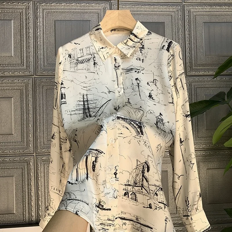 Imitation Silk Shirts Elegant Print Blouse Long Sleeve High Quality