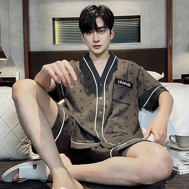 V 넥 기모노 코튼 잠옷 남성용 여름 반팔 반바지 잠옷 세트 어린 소년 Simp..