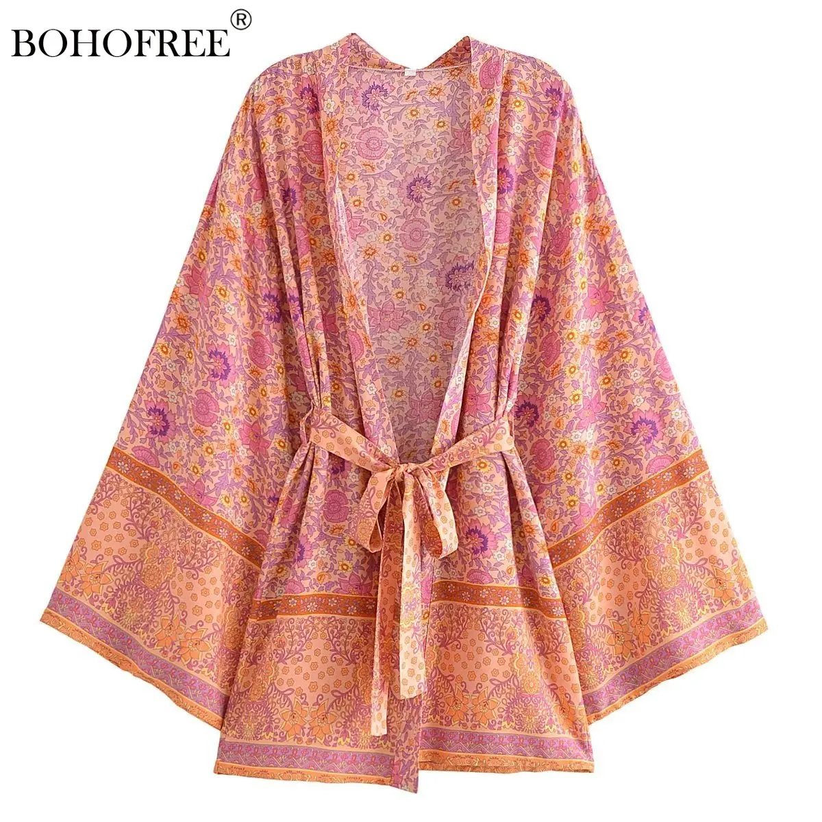 

Vintage Chic Floral Print Long Sleeve Rayon Cotton Boho Robe Sashes Beachwear Bikini Cover Ups Bohemian Style Women's Robe